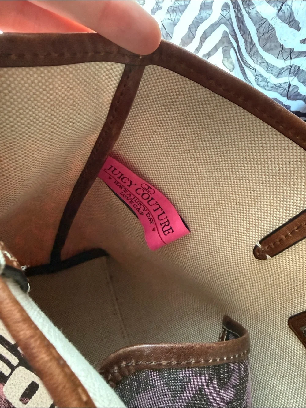 Juicy Couture Pink Canvas Tote with Brown Trim and Crown Charm